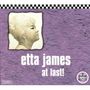 Text: "etta james at last!" Logo: Stilisiertes Porträt einer Frau mit blonden Haaren vor lila Hintergrund.