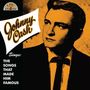 "Johnny Cash Sings: The Songs That Made Him Famous." Ein schwarz-oranges Porträt eines Mannes in Anzug und Krawatte.