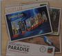 „SCOTT LEE“, „Greetings from FLORIDA“, „POSTCARDS FROM PARADISE“. Bunte Kartengestaltung, Palmen und Strand.