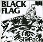"BLACK FLAG" und "Six Pack" stehen in großen Buchstaben. Ein gezeichnete Person hockt in einer Ecke neben einem Farbeimer.
