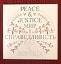 Texte: Peace & Justice, Мир і справедливість, Paz e Justiça. Darstellung von Tauben und Waagen als Symbole.