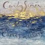 Text: "Carly Simon" oben, "Comes in Waves" unten. Darstellung eines Gemäldes mit blauem Meer und goldener Abendstimmung.