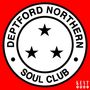 „DEPTFORD NORTHERN SOUL CLUB“ im Kreis, drei Sterne, Logo-Design, roter Hintergrund, KENT SOUL unten rechts.