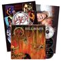 "HELL AWAITS" und "Slayer"-Logo auf Albumcover mit orange-rotem, höllischem Motiv und Bandfotos. Drei CDs daneben.