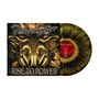 "Rise to Power" in goldener Schrift unten. Dämonische Ziegenköpfe, rot-schwarzes Vinyl-Design mit goldenen Akzenten.