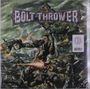 Text: "Bolt Thrower". Illustration zeigt Soldaten im Kampfeinsatz mit Waffen, Explosionen und einem dramatischen Himmel.