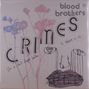 "blood brothers", "CRIMES", "I believe in us", "like a skull shaped ballon". Illustration: Blumen und abstraktes Gesicht.