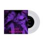 Text: KylIE, MADONNA, LOVE SENSATION. Zwei Personen in lila Licht, entspannt posierend, neben einer transparenten Vinyl-Schallplatte.