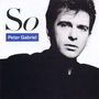 "So" und "Peter Gabriel". Schwarz-weißes Porträt eines Mannes, reduziert, ernst blickend. Cover-Design.