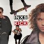 Text: "INXS KICK" in schwarzen und roten Buchstaben. Verschiedene Personen und ein Skateboard.