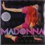 Auf dunklem Hintergrund tanzt eine Person in pink. Große, bunte Schrift sagt: "MADONNA" und "Confessions on a Dance Floor".