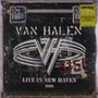 Text: "VAN HALEN", "LIVE IN NEW HAVEN", "1986", "5150". Vintage Kofferdesign mit Logo, abgenutzter Look.