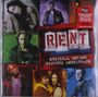 Texte: "RENT", "ORIGINAL MOTION PICTURE SOUNDTRACK". Collage mit Charakterbildern in lebhaften Farben.