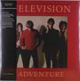 "TELEVISION ADVENTURE", zeigt vier Männer in dunkler Kleidung, einer trägt eine rote Jacke, auf rotem Hintergrund.