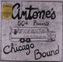 "Antone's 50th Presents Chicago Bound" mit einer Illustration eines Busses und Menschen drin, Karte im Hintergrund.