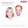 Titel: "DEBUSSY Piano Duets Volume 2". Unten Namen: "HÉLÈNE MERCIER · LOUIS LORTIE". Zwei Personen in weiß gekleidet.