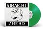 "STRAIGHT AHEAD" steht in Weiß auf schwarzem Hintergrund. In der Mitte: Zeichnung eines Löwen. Grüne Schallplatte.