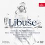 "Libuše, Bedřich Smetana, Kněžíková, Plachetka, Poláčková, Barta, Štáva, Statue einer Frau mit Krone und zwei Vögeln."
