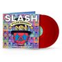 "SLASH", "featuring Myles Kennedy and the Conspirators", "LIVING THE DREAM" auf farbigem Hintergrund mit Totenkopf-Illustration.