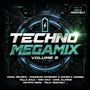 TECHNO MEGAMIX VOLUME 2, gemischt von Felix Reichelt. Namen: Anna Reusch, Andreas Kraemer, Daniela Hensel, Talla 2XLC. Elektronisches Design mit einem zentralen Batterie-Icon.