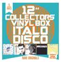 Text: "12'' Collectors Vinyl Box Italo Disco". Fünf Albencover unten, limitiert auf 150 Stück, "Rare Originals". Retro-Design.