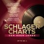 "Schlager Charts der 80er Jahre" mit Plattenspieler und Mikrofon. Namen von Künstlern wie Howard Carpendale, Nino de Angelo.