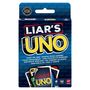 Auf einer Spielverpackung steht "LIAR'S UNO". Darunter: "TRUST NO ONE" in mehreren Sprachen. Enthält Kartenabbildungen.