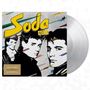 Text: "Soda Stereo", "Vinilo Transparente de Colección". Illustration von drei Männern mit bunten Linien und transparentem Vinyl.