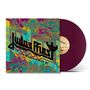 „Judas Priest“, „Live in Los Angeles ‘90“. Ein buntes Plattencover mit einer violetten Schallplatte.