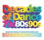 "Decades of Dance 70s 80s 90s. Huge hits from 30 years of floorfillers." Künstlernamen sind unten in bunten Farben gelistet.