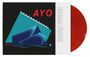 Albumcover: "AYO" und "MINISEX" in roten Buchstaben, geometrische Formen, rote Schallplatte im Hintergrund.