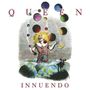 "QUEEN" oben, "INNUENDO" unten. Illustration: Clown jongliert bunte Kugeln und eine Banane über der Erde.