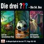 "Die drei ??? – Die 54. Box: und der verschollene Pilot, Fußball-Teufel, Im Schatten des Giganten." Drei Illustrationen.