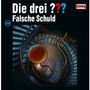 "Die drei ??? Falsche Schuld", eine spiralförmige Treppe, darauf eine rote Kugel mit Symbolen und ein Seil.