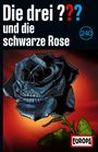 Text: "Die drei ??? und die schwarze Rose". Illustration: Schädel in Form einer schwarzen Rose auf rotem Hintergrund.