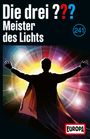 „Die drei ??? Meister des Lichts“. Silhouette mit offenen Armen vor bunten Lichtstrahlen. Europa-Logo unten.