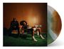 Zwei Personen sitzen vor einer holzgetäfelten Wand. Eine Vinyl-Schallplatte mit braun-grünem Muster ist sichtbar.