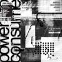 Der Text "power consume" ist in großen Buchstaben angeordnet. Schwarz-weiße abstrakte Grafik mit Punkten und Linien.