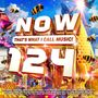 "NOW THAT'S WHAT I CALL MUSIC! 124" in großen, auffälligen Buchstaben. Bienen, Blumen und Schmetterlinge umrahmen den Text.