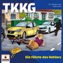 "TKKG", "Ein Hörspiel nach Stefan Wolf", "Die Fährte des Hehlers", "EUROPA". Junge, gelbes Auto, Fahrrad, Mann rennt weg.