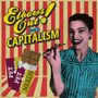 „Elbows Out! this is CAPITALISM“. Retro-Illustration einer Frau mit Schokolade, gestreifter Hintergrund, drei Schokoladentafeln.