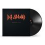 "DEF LEPPARD" und "GREATEST HITS" stehen auf einem schwarzen Plattencover mit sichtbarer Vinyl-Schallplatte.