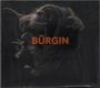 Text "BÜRGİN" in leuchtendem Orange über einem Profil mit wallendem Haar und Sonnenbrille in einem dunklen Hintergrund.