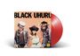 Schwarzer Text "BLACK UHURU" auf orangefarbenem Hintergrund, drei Personen posierend, rotes Vinyl im Hintergrund.