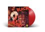 Text: BLACK UHURU SINSEMILLA. Rote Vinyl-Schallplatte mit einem Cover, das drei Personen mit Dreadlocks zeigt.