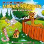 Text: "Die kleine Schnecke Monika Häuschen - Warum spucken Alpakas?" Illustration: Alpaka, Schnecke, Gans in buntem Garten.