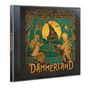 "DÄMMERLAND III" ziert ein kunstvolles Cover mit Figuren, einem mystischen Schloss und einem großen Mond im Hintergrund.