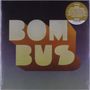 Große Schrift "BOMBUS" in 3D-Optik, darunter ein Aufkleber mit englischem Text über ein Musikalbum und Liedinformationen.