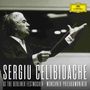 Text: "Sergiu Celibidache, At the Berliner Festwochen, Münchner Philharmoniker". Dirigent in Aktion, gelbes Logo oben rechts.