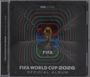 "FIFA WORLD CUP 2026 OFFICIAL ALBUM" steht auf einem CD-Cover. Eine goldene Trophäe ist zentral platziert, umgeben von bunten Linien.